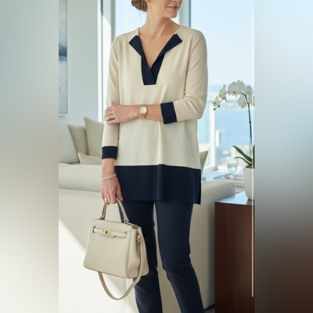ST JOHN $695 BOUTIQUES Cream Multi, Ivory/Black Wool/Rayon Sweater Top/ dress P.